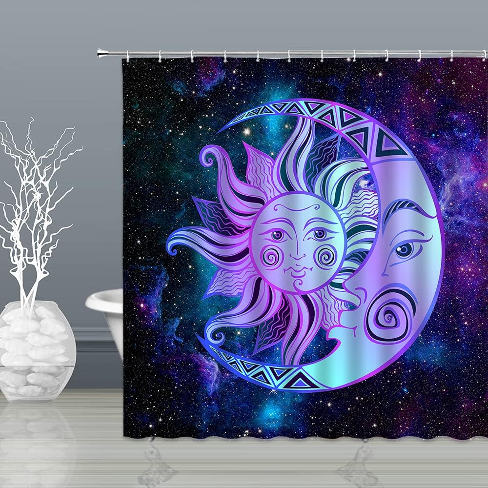 Celestial Mystic Mandala Shower Curtain with Sun, Moon, Stars, and Abstract Print