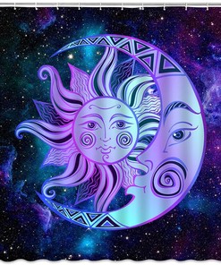 Celestial Mystic Mandala Shower Curtain with Sun, Moon, Stars, and Abstract Print