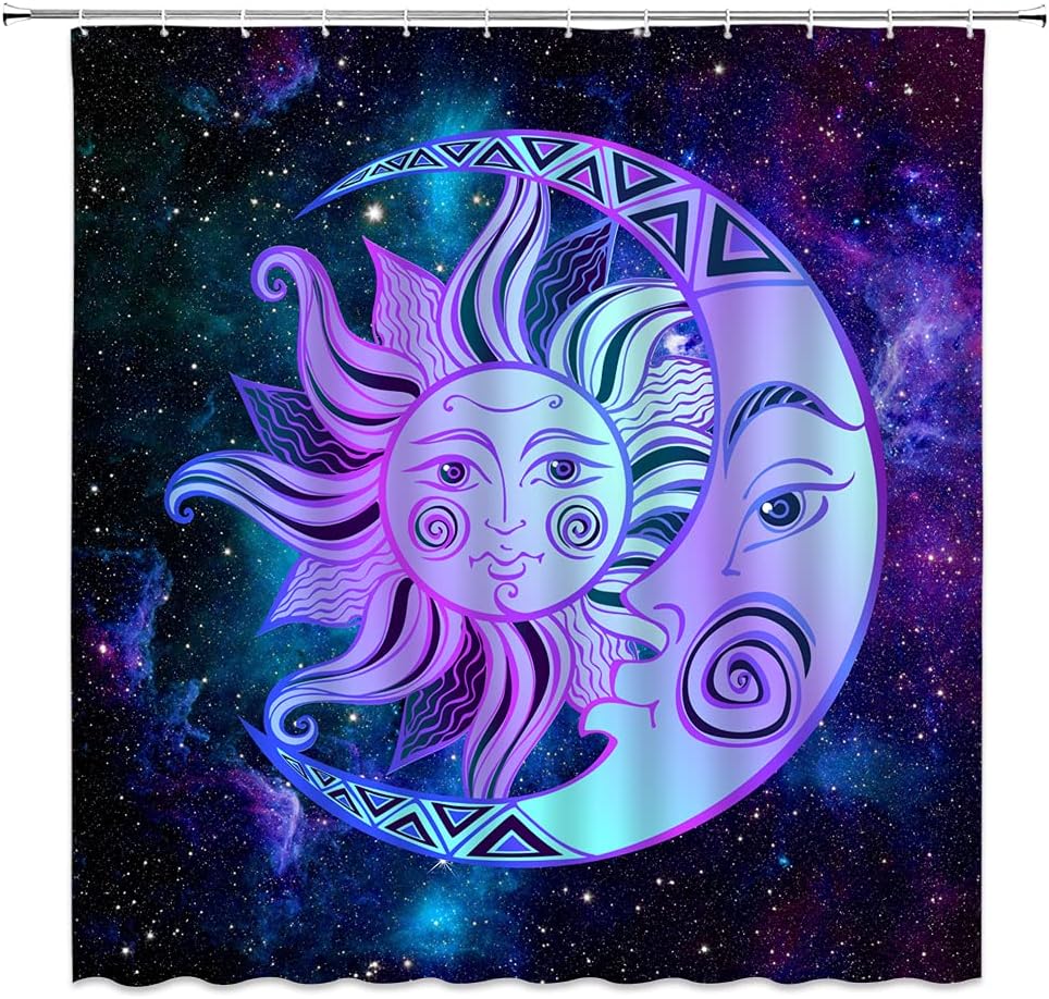 Celestial Mystic Mandala Shower Curtain with Sun, Moon, Stars, and Abstract Print
