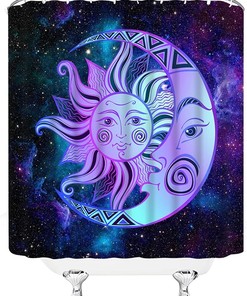 Celestial Mystic Mandala Shower Curtain with Sun, Moon, Stars, and Abstract Print