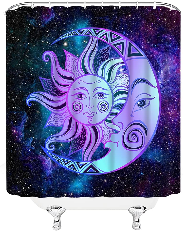 Celestial Mystic Mandala Shower Curtain with Sun, Moon, Stars, and Abstract Print