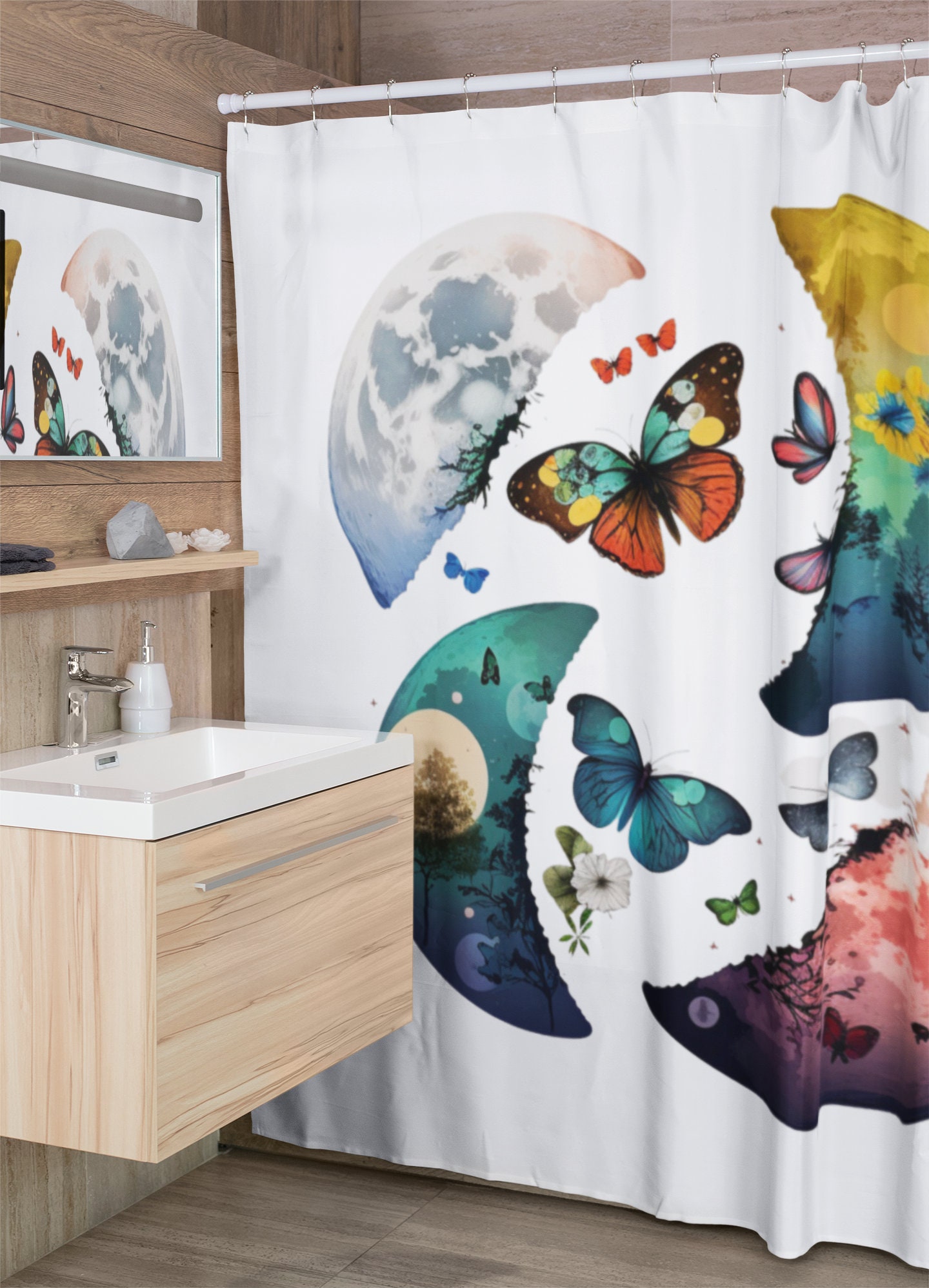Celestial Paradise Moon Phases Shower Curtain for Black Magic Bathroom Decor