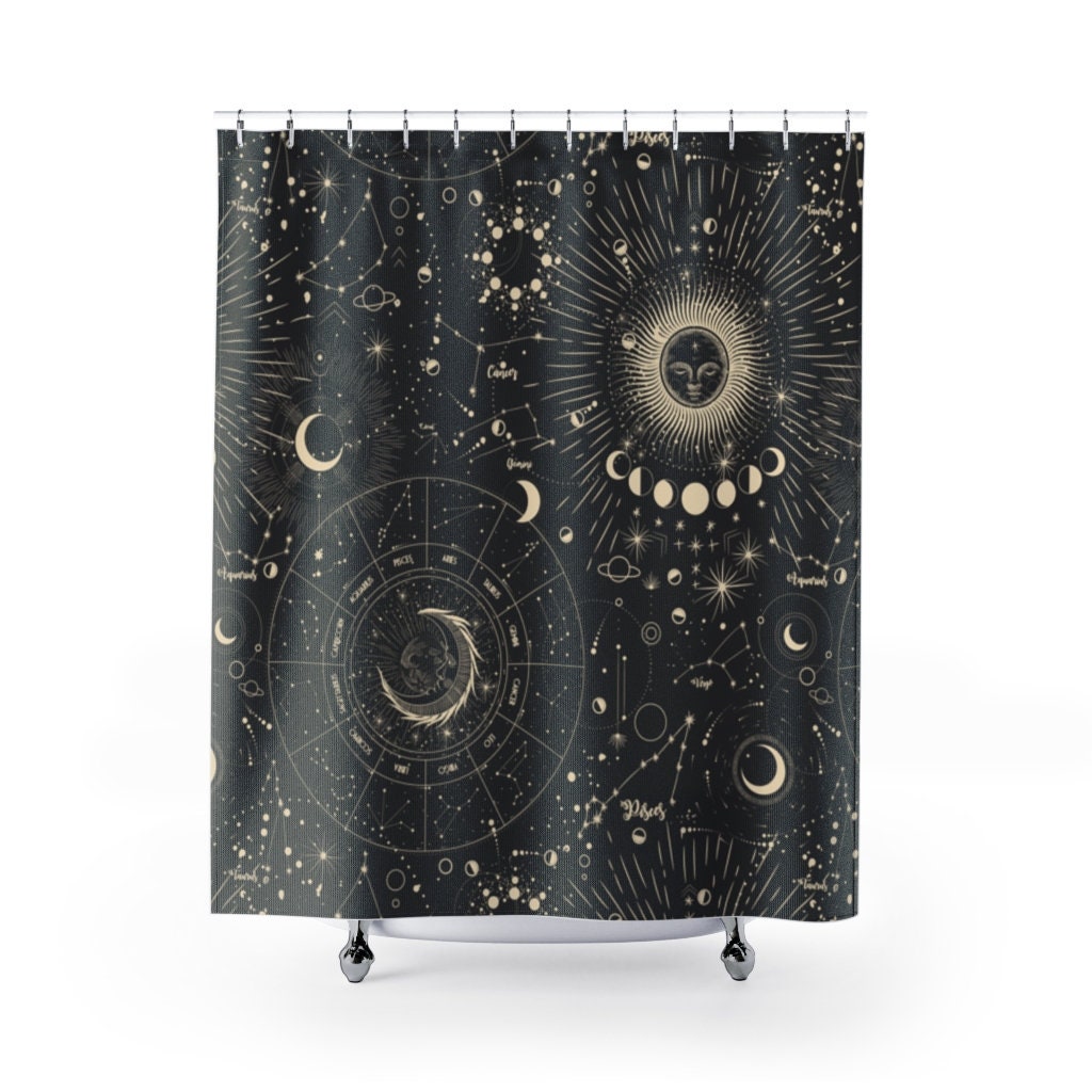Celestial Phase Custom Shower Curtain With Sun, Moon, And Constellations,