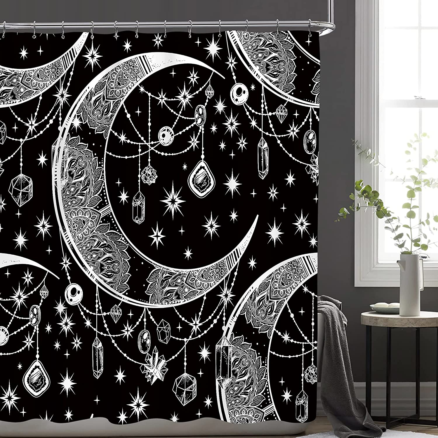 Celestial Shower Curtain Moon Star Gothic Black and White Bathroom Decor