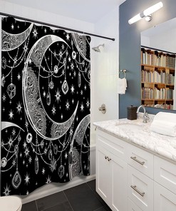 Celestial Shower Curtain Moon Star Gothic Black and White Bathroom Decor