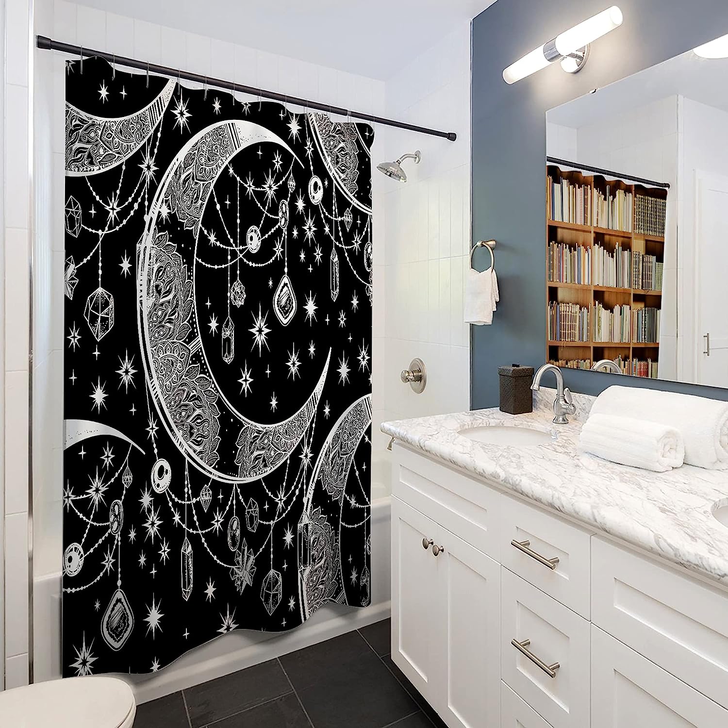 Celestial Shower Curtain Moon Star Gothic Black and White Bathroom Decor