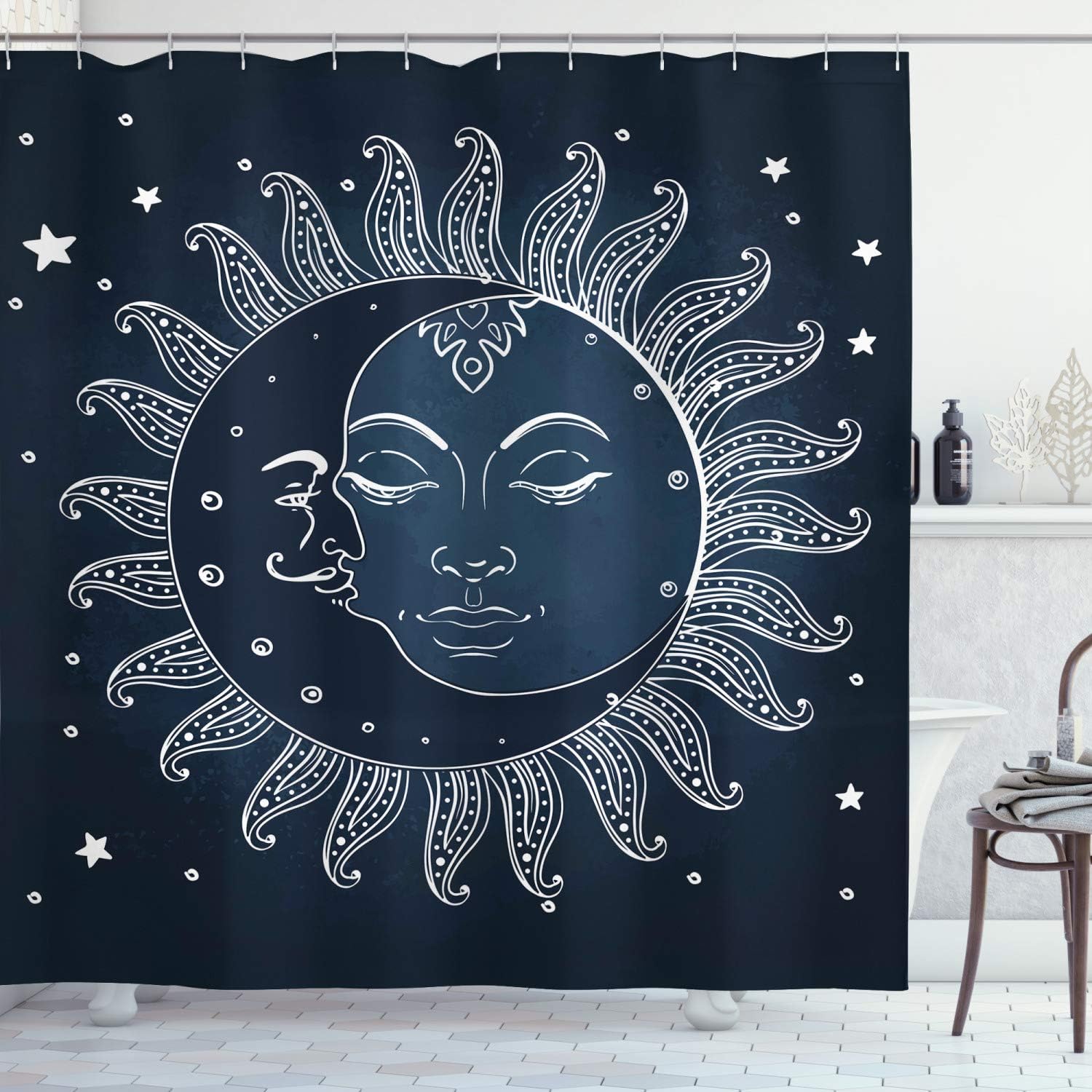 Celestial Sun And Moon Midnight Art Shower Curtain For Bathroom Decor