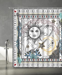 Celestial Sun and Moon Mandala Shower Curtain for Mystic Bathroom.