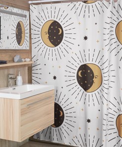 Celestial Sun and Moon Shower Curtain with a Boho Chic Art Print