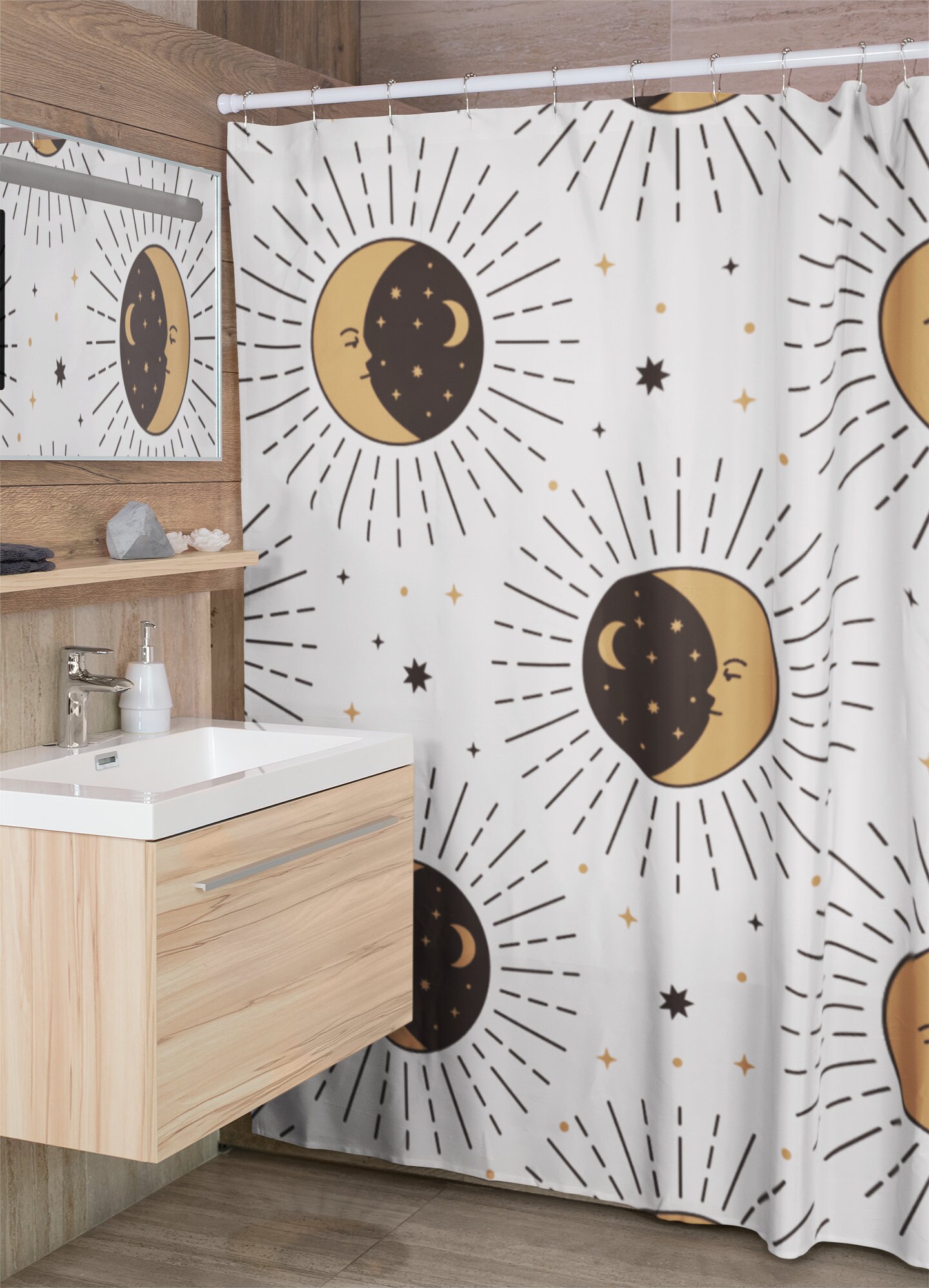 Celestial Sun and Moon Shower Curtain with a Boho Chic Art Print