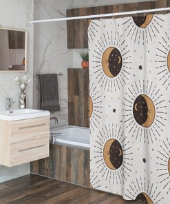 Celestial Sun and Moon Shower Curtain with a Boho Chic Art Print