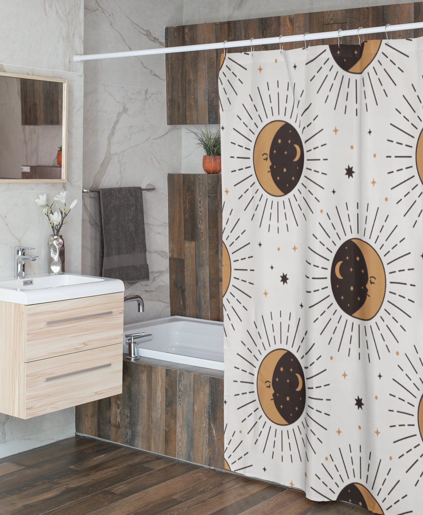 Celestial Sun and Moon Shower Curtain with a Boho Chic Art Print