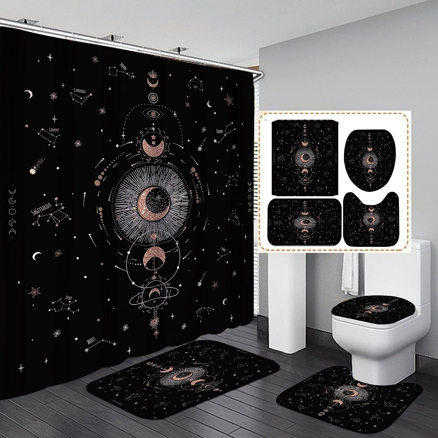 Celestial Zodiac Constellation Shower Curtain With Rose Gold Glitter Sun Moon Phase Starry Sky Galaxy