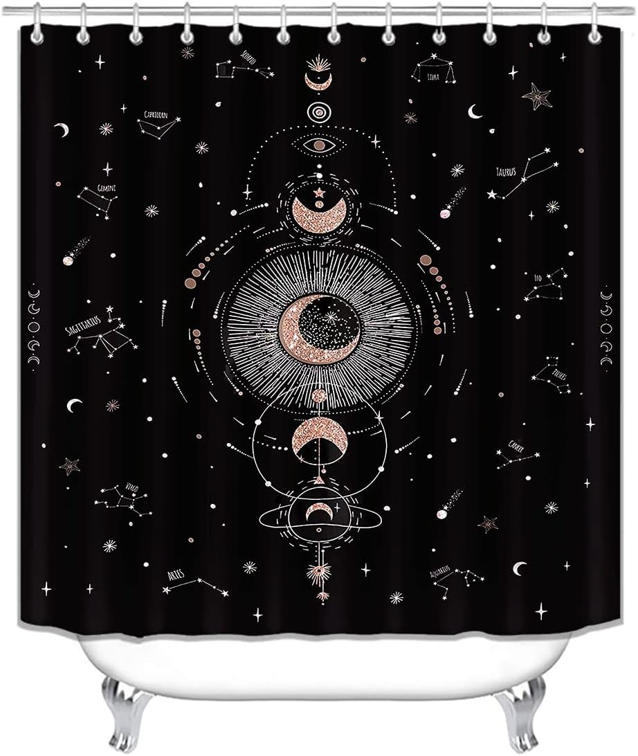 Celestial Zodiac Constellation Shower Curtain With Rose Gold Glitter Sun Moon Phase Starry Sky Galaxy - Image 2