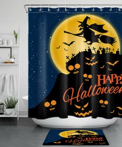 Cemetery Skull, Pumpkin And Moon Halloween Shower Curtain - Waterproof Fabric Bathroom Decor