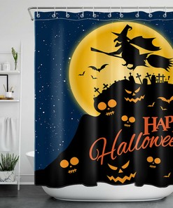 Cemetery Skull, Pumpkin And Moon Halloween Shower Curtain - Waterproof Fabric Bathroom Decor