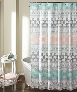 Ceramic Elephant Stripe Shower Curtain in Aqua and Pink- Fun and Colorful Bathroom Accessory 
