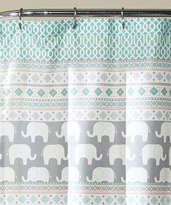 Ceramic Elephant Stripe Shower Curtain in Aqua and Pink- Fun and Colorful Bathroom Accessory