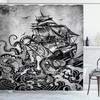 Charcoal Grey Monochromatic Marine Ocean Design Shower Curtain Of Kraken Octopus Tentacles Around Ship