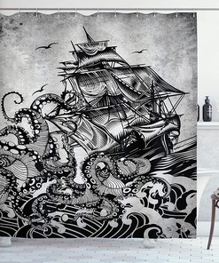 Charcoal Grey Monochromatic Marine Ocean Design Shower Curtain Of Kraken Octopus Tentacles Around Ship