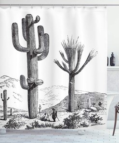Charcoal Grey Sketchy Hand Drawn Print Desert Plants Mexican Travellers Image Shower Curtain
