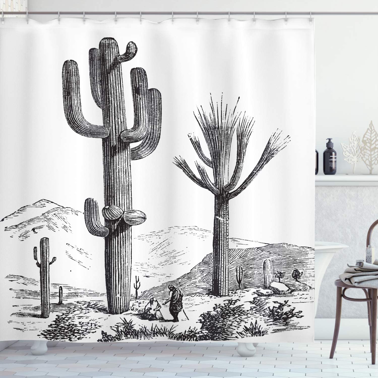 Charcoal Grey Sketchy Hand Drawn Print Desert Plants Mexican Travellers Image Shower Curtain