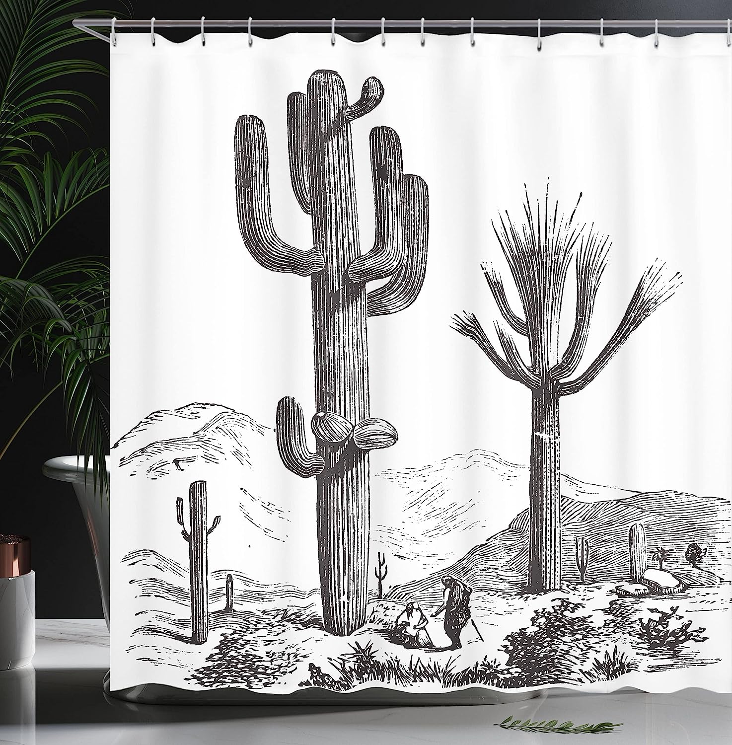 Charcoal Grey Sketchy Hand Drawn Print Desert Plants Mexican Travellers Image Shower Curtain - Image 3