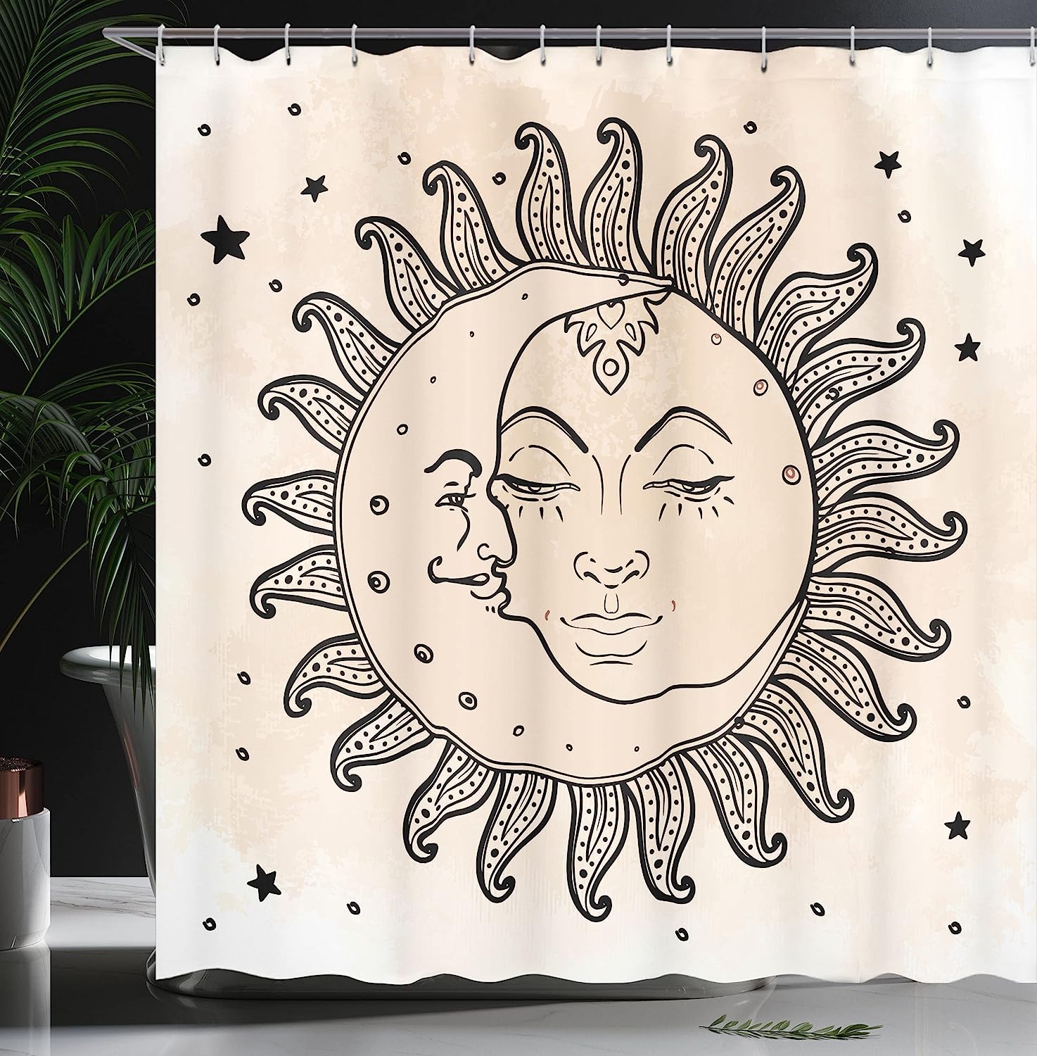 Charcoal Grey Tan Sketchy Sun And Moon Celestial Composition Shower Curtain - Image 3