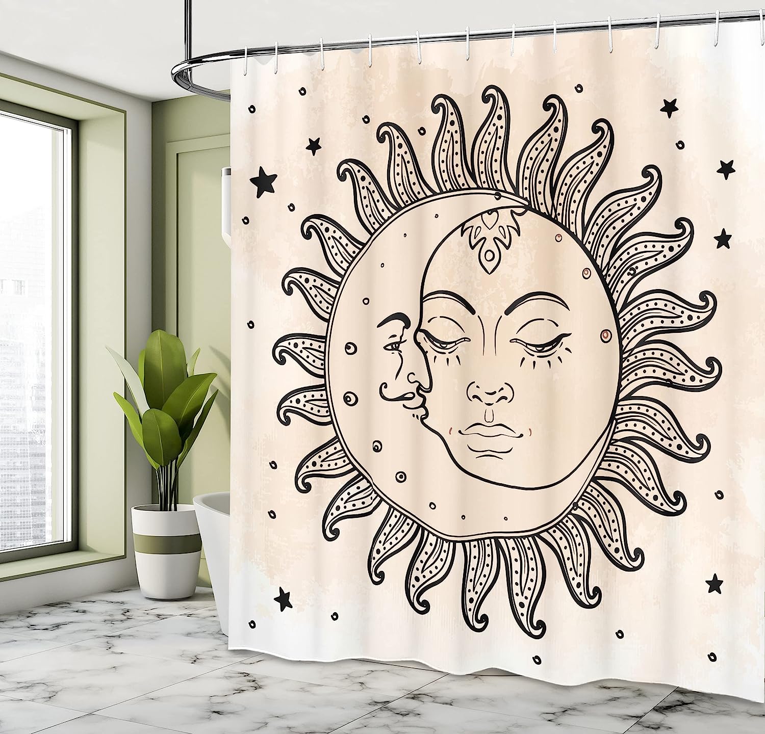 Charcoal Grey Tan Sketchy Sun And Moon Celestial Composition Shower Curtain - Image 4