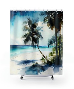 Charming Beach House Ocean Theme Palm Tree Shower Curtain for Bathroom