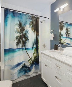 Charming Beach House Ocean Theme Palm Tree Shower Curtain for Bathroom
