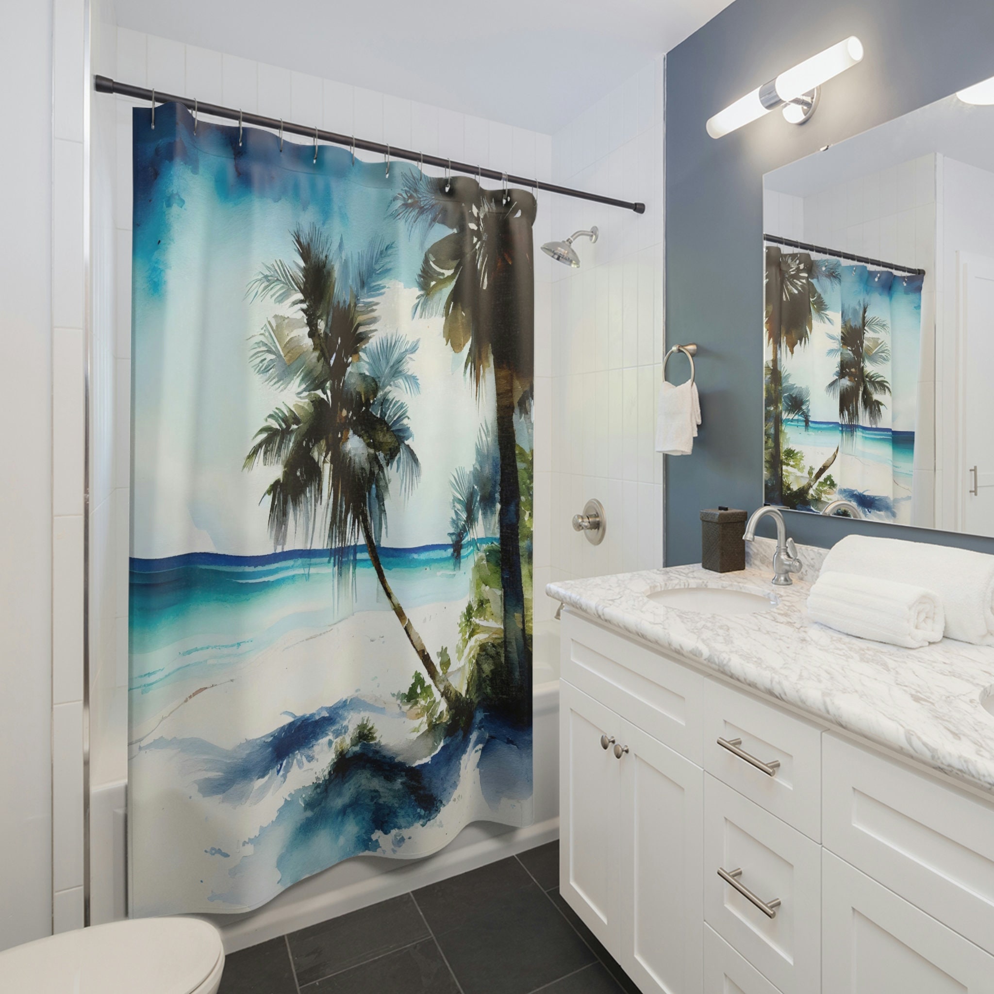 Charming Beach House Ocean Theme Palm Tree Shower Curtain for Bathroom