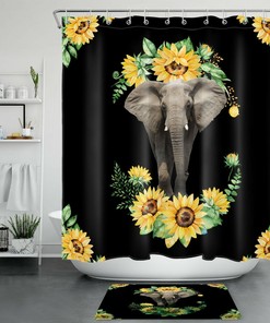Charming Black Funny Animal Elephant Sunflower Shower Curtain With Waterproof Extra Heavy Quality For Your Bath