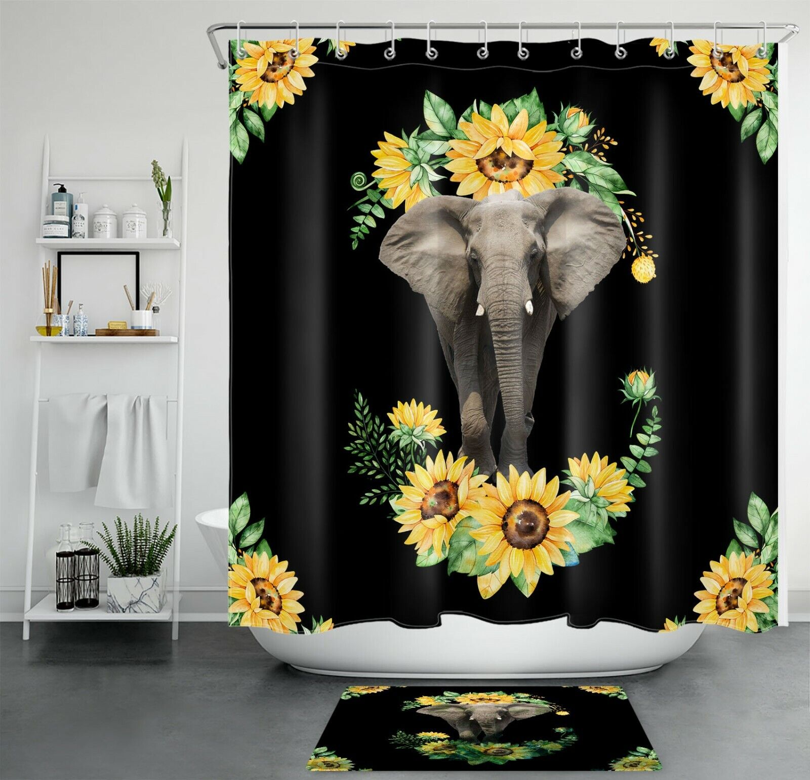 Charming Black Funny Animal Elephant Sunflower Shower Curtain With Waterproof Extra Heavy Quality For Your Bath