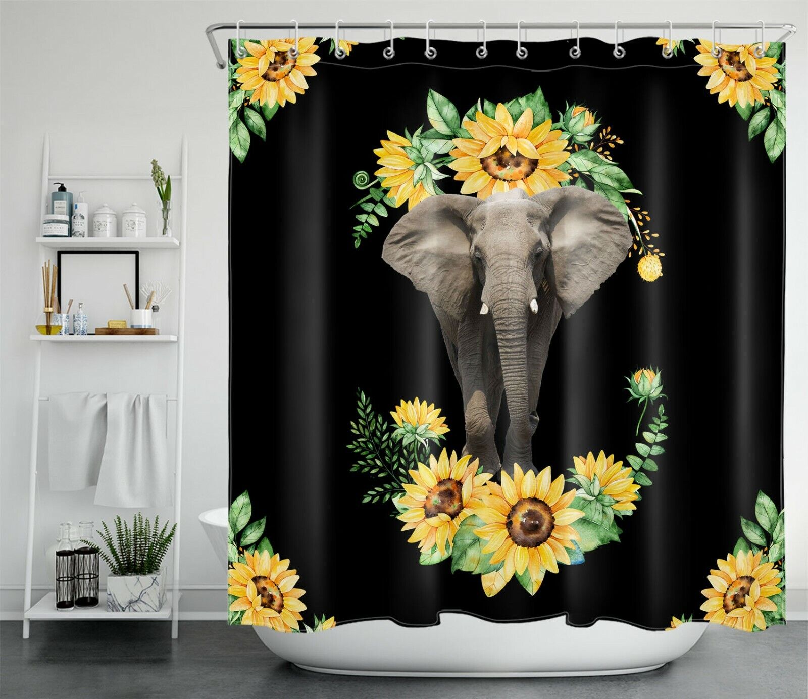 Charming Black Funny Animal Elephant Sunflower Shower Curtain With Waterproof Extra Heavy Quality For Your Bath - Image 2
