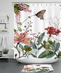 Charming Butterfly and Flower Print on Tropical Green Leaves Shower Curtain for Lovely Bathrooms