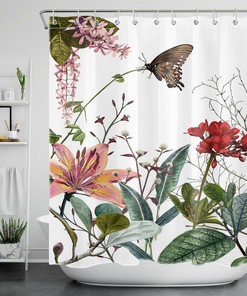 Charming Butterfly and Flower Print on Tropical Green Leaves Shower Curtain for Lovely Bathrooms