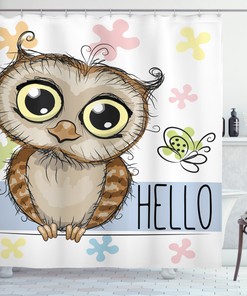Charming Cartoon Owl And Butterfly Floral Hello Message Fabric Shower Curtain