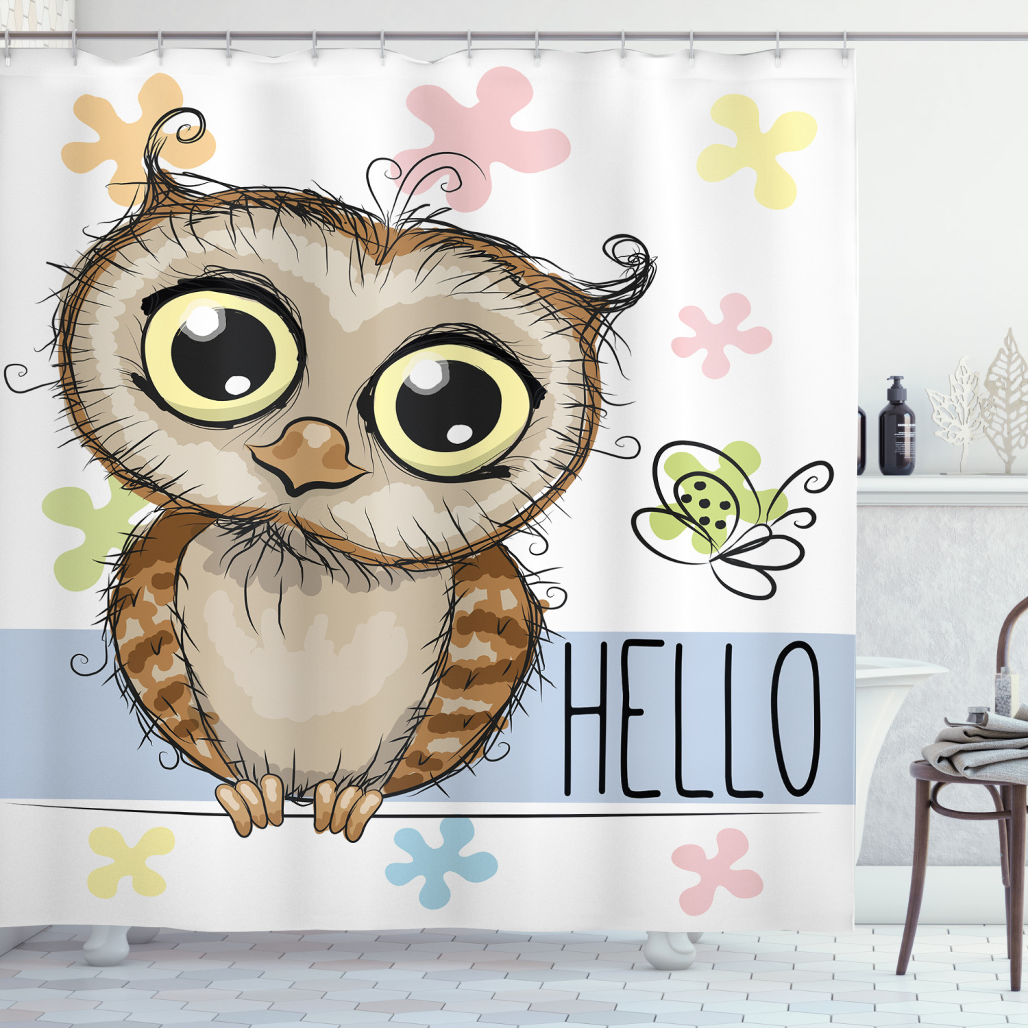 Charming Cartoon Owl And Butterfly Floral Hello Message Fabric Shower Curtain