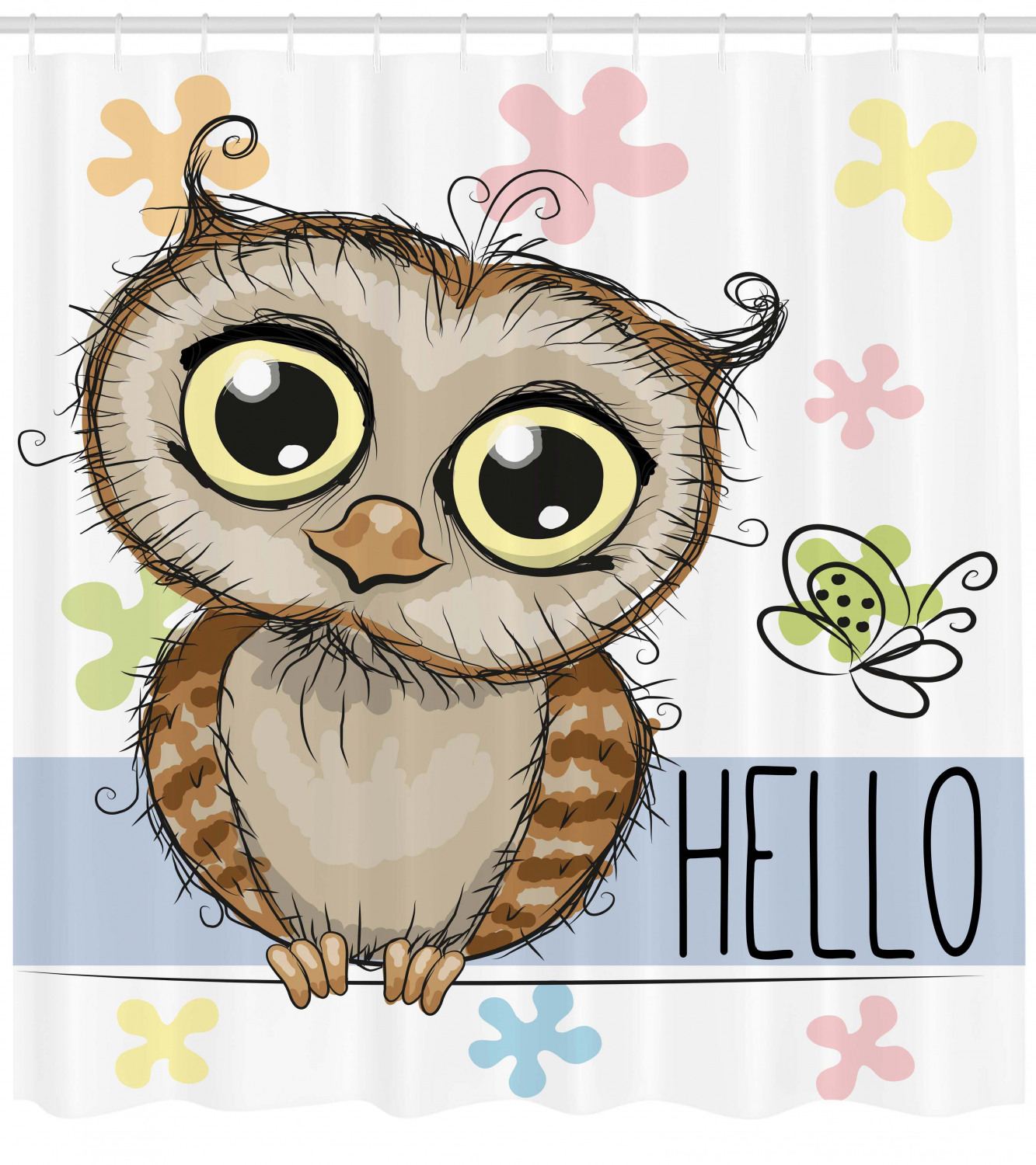 Charming Cartoon Owl And Butterfly Floral Hello Message Fabric Shower Curtain - Image 2