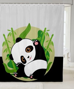 Charming Cartoon Panda Shower Curtain With Black And White Bear Animal Bath Curtain And Green Bamboo Plant Moon Print