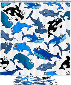 Charming Cartoon Shark Dolphin Blue Black Waterproof Shower Curtain For Bathroom Decor