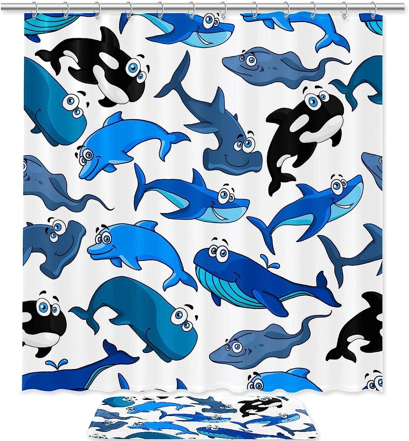 Charming Cartoon Shark Dolphin Blue Black Waterproof Shower Curtain For Bathroom Decor