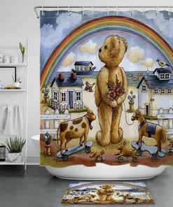 Charming Cartoon Shower Curtain With Teddy Bear Print And Cute Animal Bath Accessory For Kids Bathroom Decor