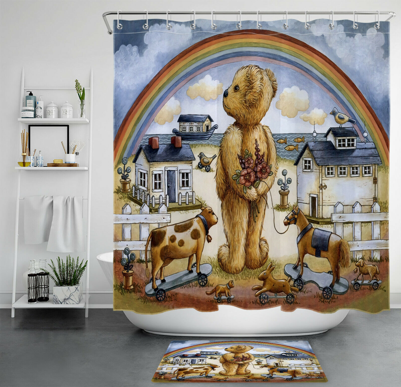 Charming Cartoon Shower Curtain With Teddy Bear Print And Cute Animal Bath Accessory For Kids Bathroom Decor