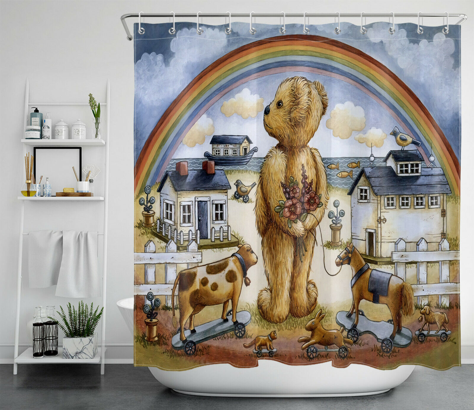 Charming Cartoon Shower Curtain With Teddy Bear Print And Cute Animal Bath Accessory For Kids Bathroom Decor - Image 2