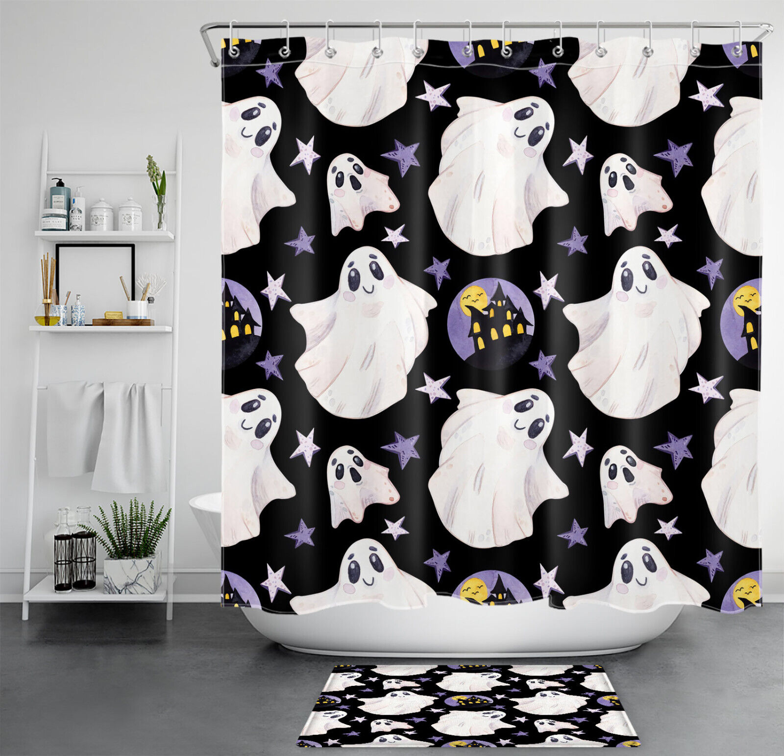 Charming Cartoon Star Castle Cute Ghost Halloween Fabric Shower Curtain For Bathroom Decor