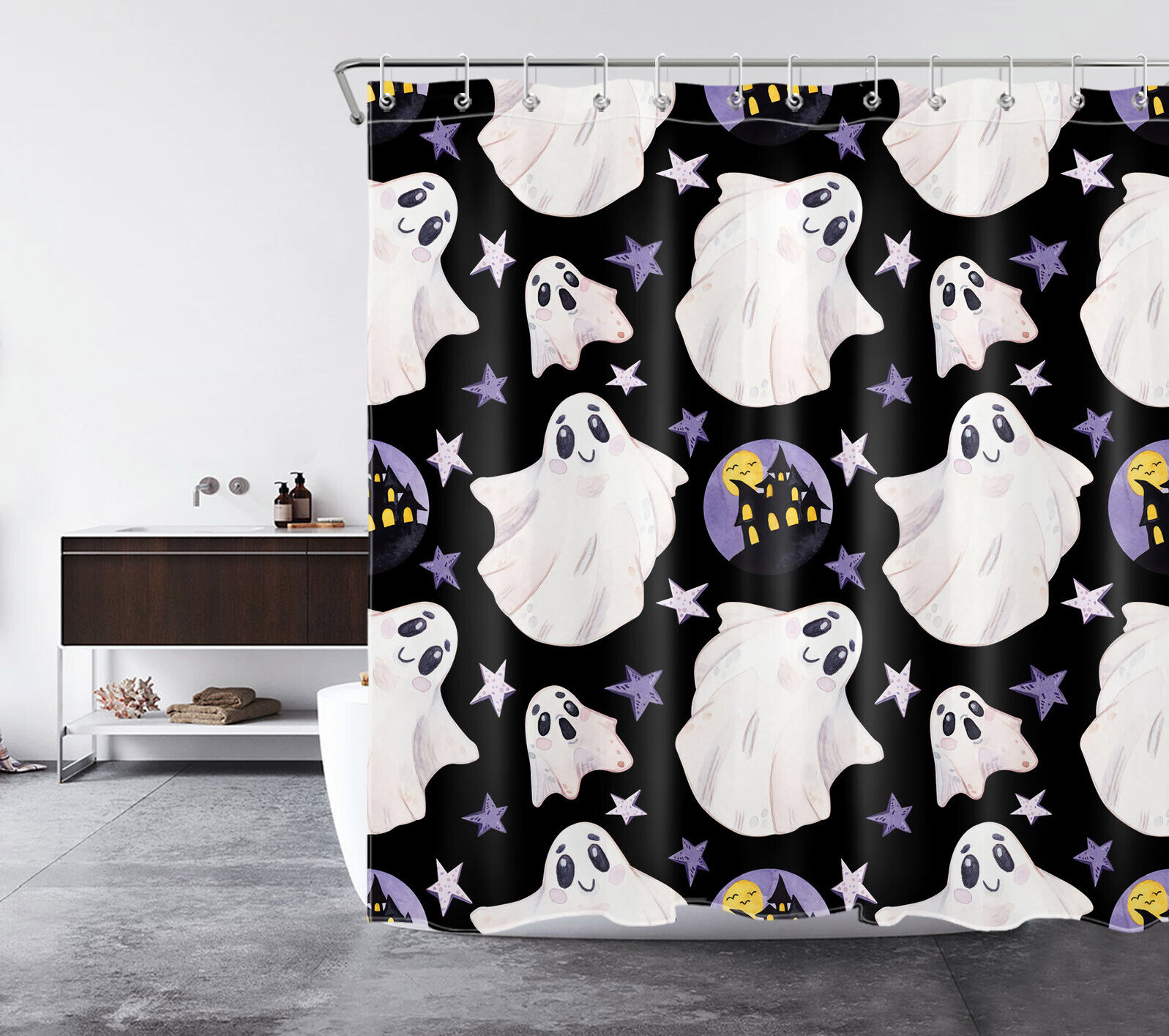 Charming Cartoon Star Castle Cute Ghost Halloween Fabric Shower Curtain For Bathroom Decor - Image 2