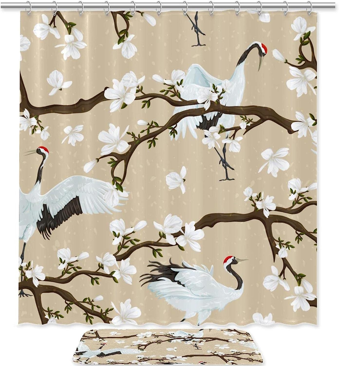 Charming Cranes And Magnolia Print Shower Curtain For Bathroom Decor
