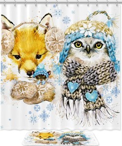 Charming Dog Owl Winter Snowflake Shower Curtain - Waterproof Bathroom Curtain